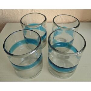 Vintage Mexican Glass 4 Hand Blown Tumblers With Anquemarian Blue Band Recycled
